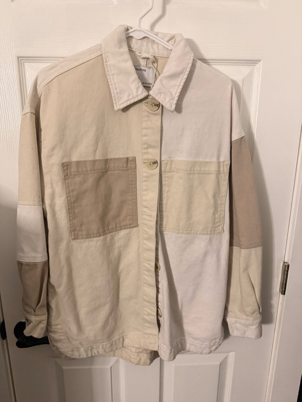 Bershka Two-Tone Patchwork Jean Jacket - Beige & Cream